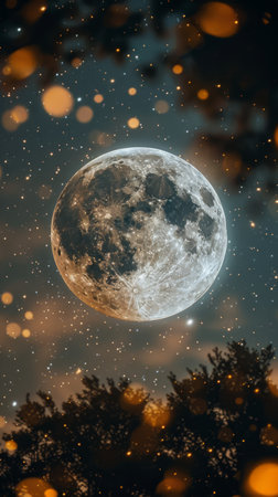 A large, bright moon dominates the dark night sky, casting a soft glow over the landscape below. The surrounding stars twinkle against the deep blue backdrop, creating a striking celestial display.の素材