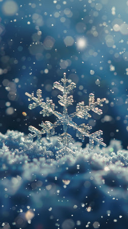 A snowflake, crystal clear and delicate, hovers in midair, suspended by unseen forces. Its intricate design glistens in the light as it drifts with a gentle, almost imperceptible motion.の素材