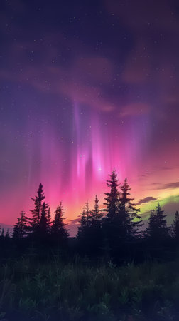 The northern lights, also known as the aurora borealis, are glowing brightly in the night sky. The natural phenomenon creates vibrant ribbons of colorful light dancing across the atmosphere.の素材