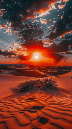 The sun is dipping below the horizon, casting a warm orange glow over the sandy desert landscape. Silhouettes of cacti and rock formations stand out against the darkening sky.の素材