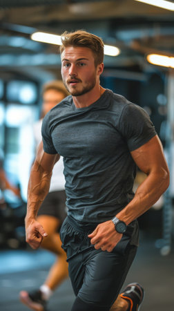 A group of men running on treadmills in a gym. One man is leading the pack with others closely following behind him. The atmosphere is energetic and competitive.の素材