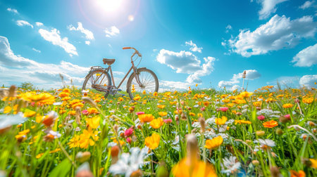 A bicycle is parked in a vibrant field of colorful flowers, surrounded by petals and green stems. The sun shines brightly, casting a warm glow on the scene.の素材