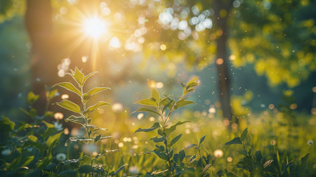 The bright sun shines through the lush green leaves of a bush, creating a beautiful interplay of light and shadows. The intricate patterns formed by the sunlight filtering through the foliage convey a sense of warmth and vitality.の素材