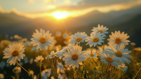 A field filled with white daisies, illuminated by the warm glow of the sun in the background. The flowers are in full bloom, swaying gently in the breeze under the golden light.の素材