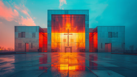 A large contemporary building with a uniquely curved roof sits next to a body of water under a clear sky.の素材