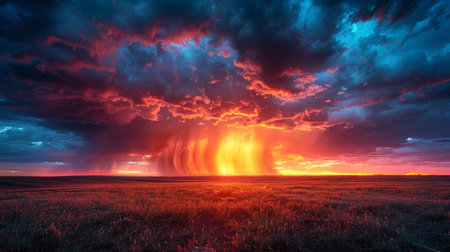 The sun is setting over a vast grassy field, casting a warm orange glow over the landscape.の素材