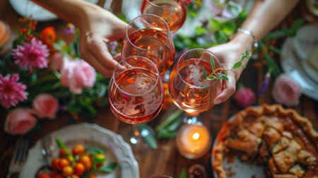 Several individuals are standing around a table, each holding a wine glass in their hand.の素材