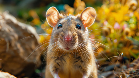 A gray rat is perched on the backrest of a couch, looking around attentively.の素材