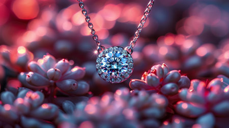 Detailed close-up of a diamond necklace, showing the brilliant sparkle of the diamond centerpiece.の素材