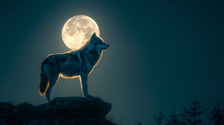 A wolf stands majestically on a hill under a glowing full moon, surveying the landscape.の素材