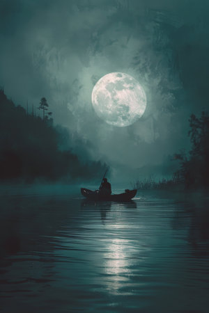 A painting depicting a man rowing a boat on a lake under the starry night sky.の素材