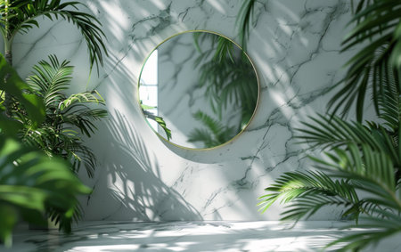 A round mirror placed in the center of a room, reflecting the surrounding space.の素材