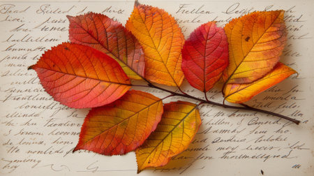 Several brown and green leaves are scattered on a white piece of paper. The leaves vary in size and shape, creating an interesting contrast against the paper background.の素材