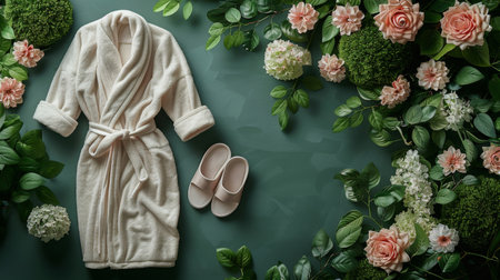 A white robe neatly folded next to matching slippers and a bouquet of flowers on a vibrant green surface. The robe appears soft and fluffy, the slippers pristine, and the flowers colorful and fragrant.の素材
