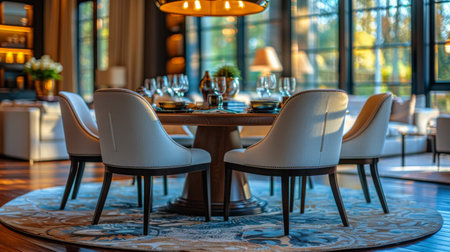 A dining room featuring a wooden table surrounded by chairs. The room is well-lit with a chandelier overhead, and the table is set with dishes and utensils.の素材