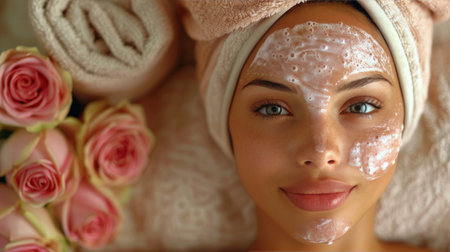 A woman is standing in a bathroom with a thick layer of soap covering her face. She appears to be washing her face and may be in the middle of a skincare routine.の素材