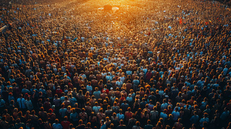 A diverse crowd of individuals gathered together in a large space, standing closely next to each other. The group appears to be attentive and engaged, with various expressions visible on their faces.の素材