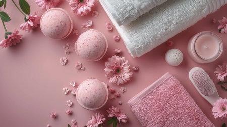 A wooden table is displayed with an assortment of colorful bath bombs and flickering candles. The bath bombs are varied in shape and scent, while the candles cast a warm glow over the scene.の素材