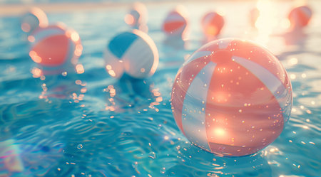 An orange and white ball floats calmly on the surface of a pool of water.の素材