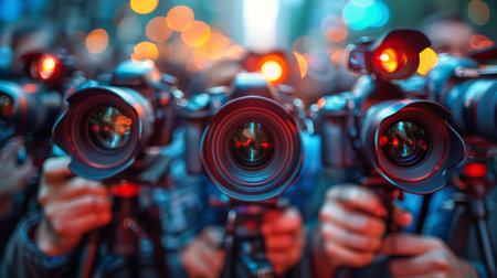 In the scene, a diverse group of individuals are actively taking photographs with their cameras. Each person is focused, adjusting settings and angles to capture the moment. The background shows a bustling environment.の素材