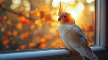 A vibrant bird with colorful plumage sits on top of a window sill, observing its surroundings. The birds feathers stand out against the window frame as it relaxes in its temporary perch.の素材