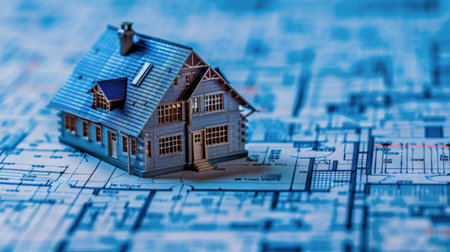 A crane is positioned next to a building under construction, both resting on a set of blueprints. The crane is ready for operation, while the building shows progress in its structure. Blueprints provide the necessary guidelines for the construction process.の素材