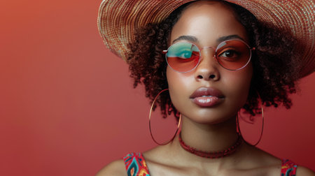 A woman is depicted wearing a vibrant red hat and stylish sunglasses. Her outfit is accessorized with these fashionable items, adding a pop of color and trendiness to her appearance.の素材