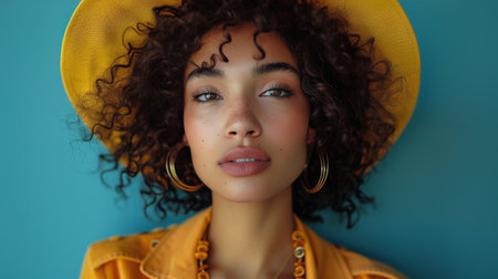 A woman with curly hair is pictured wearing a vibrant yellow hat. Her curly hair is cascading down her shoulders, framing her face. The yellow hat adds a pop of color to the scene.の素材
