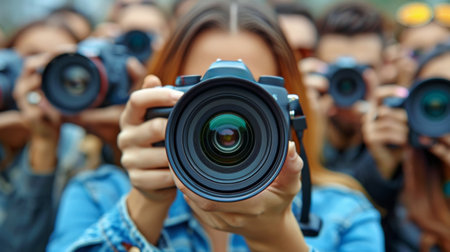 In the scene, a diverse group of individuals are actively taking photographs with their cameras. Each person is focused, adjusting settings and angles to capture the moment. The background shows a bustling environment.の素材