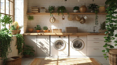 A modern bathroom featuring a white tub with a faucet, a sleek sink with a mirror above it, and small potted plants placed strategically around the room. The space is clean, well-lit, and inviting.の素材