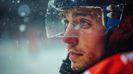 A man dressed in a red and blue uniform stands in the snow, looking around. He is wearing a hat and gloves to protect from the cold weather. The snow-covered ground contrasts with his colorful uniform.の素材