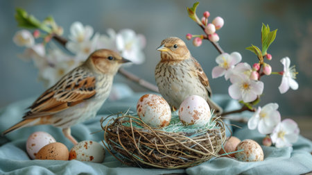 A pair of birds are sitting on the edge of a nest, overlooking their surroundings. One bird appears to be preening its feathers while the other keeps a watchful eye out for potential threats.の素材