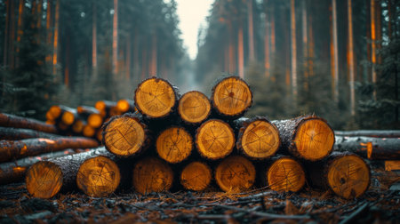 A collection of cut logs piled on top of each other, showcasing a stack of wood ready for further processing or use. The logs vary in size and shape, creating a sturdy and organized stack.の素材
