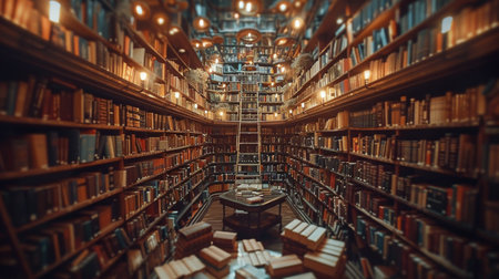 A room filled with numerous books stacked on shelves and scattered on tables and chairs. Various furniture pieces such as sofas, armchairs, and coffee tables are arranged throughout the space.の素材