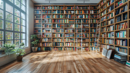 A room filled to the brim with numerous books stacked on shelves, with a ladder leaning against one of the bookcases. The ladder is used to reach the higher shelves, providing easy access to the extensive collection of books.の素材