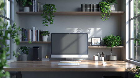 A desktop computer is placed on top of a wooden desk. The computer monitor, keyboard, and mouse are visible. Cables are neatly arranged.の素材