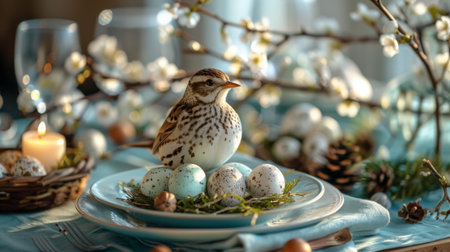 A pair of birds are sitting on the edge of a nest, overlooking their surroundings. One bird appears to be preening its feathers while the other keeps a watchful eye out for potential threats.の素材