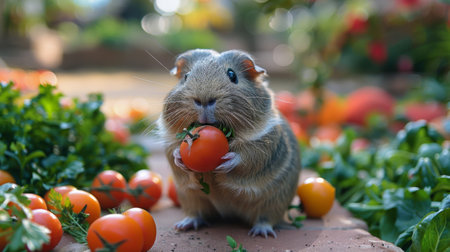 A small rodent is holding a large bunch of ripe red tomatoes in its mouth, showing its ability to carry food efficiently. The rodents sharp teeth and dexterous paws are evident as it manages the delicate task of transporting the fruits.の素材