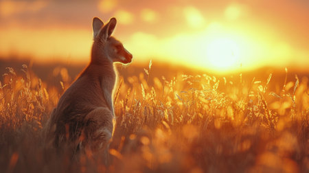 A kangaroo standing upright in a field as the sun sets in the background, casting a warm glow over the grass and sky. The kangaroos silhouette is stark against the colorful evening sky.の素材