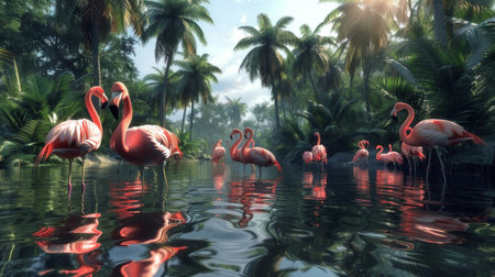 A gathering of flamingos, with their vibrant pink feathers, standing in shallow water. These elegant birds are known for their long necks and slender legs. They are social creatures often found in large colonies. The water reflects the sunlight, creating a beautiful scene.の素材