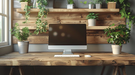 A desktop computer is positioned on top of a wooden desk. The computer appears to be turned off, with the monitor showing a blank screen. Cables are neatly arranged around the computer.の素材