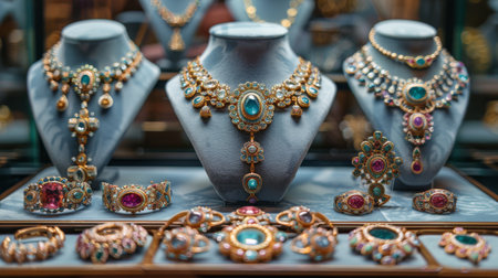 A display case filled with an assortment of shiny necklaces, bracelets, rings, and earrings. The jewelry is arranged neatly on velvet-lined shelves, catching the light and sparkling. Various colors, styles, and materials are on display, creating an eye-catching presentation.の素材