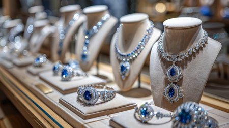 A variety of necklaces are neatly arranged and displayed on a shelf. The necklaces differ in style, color, and material, creating a visually appealing arrangement.の素材
