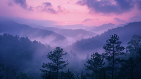 A view of a mountain range with tall trees in the foreground. The trees stand out against the backdrop of the majestic mountains, creating a stunning natural landscape.の素材