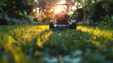 A lawn mower is parked on a lush green field, ready for operation. The vibrant grass surrounds the machine, hinting at a freshly mowed lawn in the making.の素材