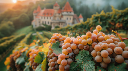 A cluster of ripe grapes dangle from a vine, ready to be harvested. The grapes are purple deep in color, surrounded by green leaves and twisting tendrils.の素材