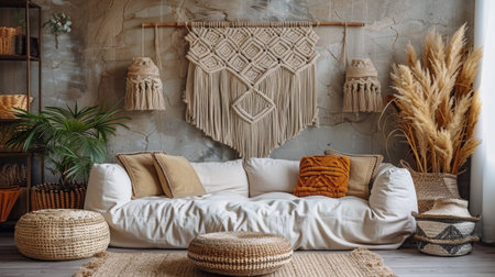 In this living room, a sleek white couch is the focal point, complemented by a stylish rug. The room is well-lit and cozy, with a minimalist design aesthetic.の素材