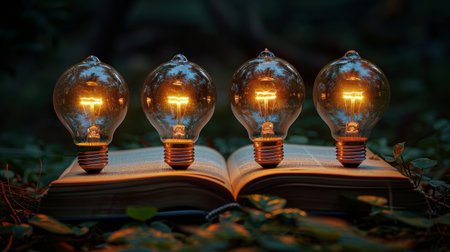 Three illuminated light bulbs are placed on top of an open book, casting a soft glow on the pages. The scene suggests creativity, knowledge, and inspiration.の素材
