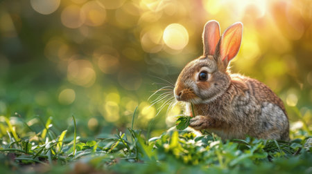 A small rabbit is sitting among green bushes in the wild, blending in with its surroundings. The rabbit appears cautious, with its ears perked up, likely on the lookout for predators.の素材