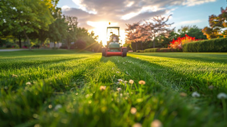 A lawn mower is parked on a lush green field, ready for operation. The vibrant grass surrounds the machine, hinting at a freshly mowed lawn in the making.の素材